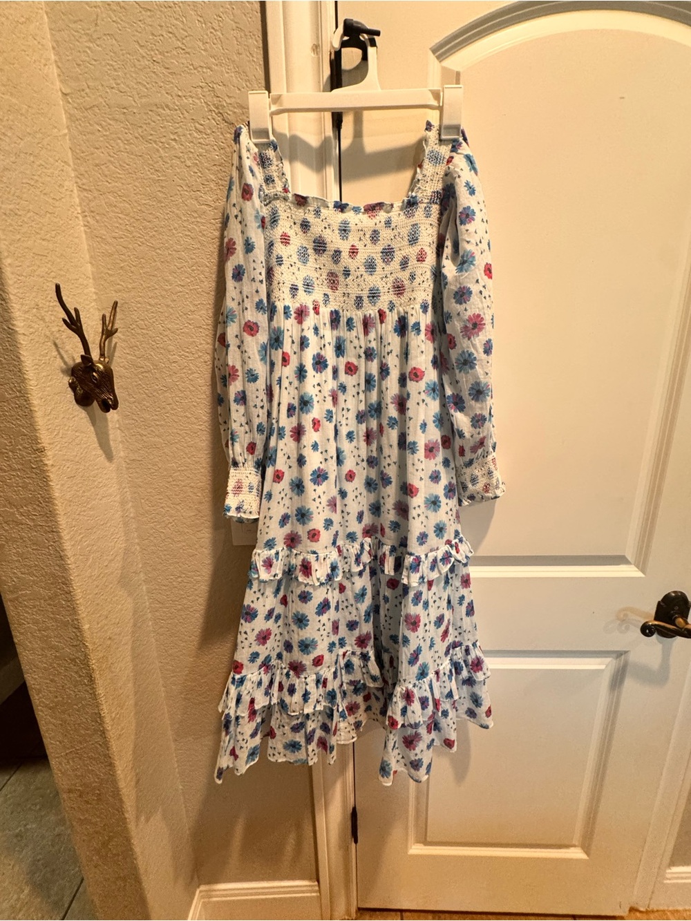 LoveShackFancy White Midi Dress with Blue & Pink Floral Print